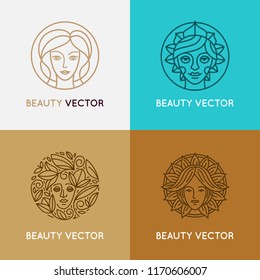 Vector set of logo design templates in trendy linear style with female faces - abstract beauty symbols for hair salon or organic cosmetics, packaging and natural beauty products