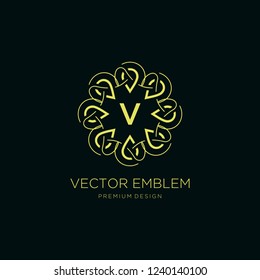 Vector set of logo design templates in trendy linear style with flowers and leaves - signs made with golden foil on black background - luxury products, florist emblems, organic cosmetics packaging