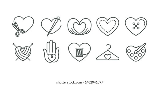 Conjunto vectorial de plantillas de diseño de logotipos en un estilo lineal simple - tarjetas artesanales y de moda - de punto, cosido, bordados con amor, carteles para productos de embalaje artesanales