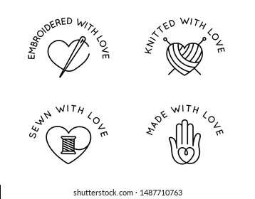Vector set of logo design templates in simple linear style - handmade badges - knitted, sewn, embroidered with love, signs for hand crafted packaging products