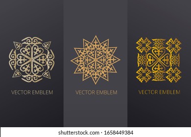 Vector set of logo design templates in trendy kazakh traditional style - signs made with golden foil on black background - luxury products, ornaments, emblems