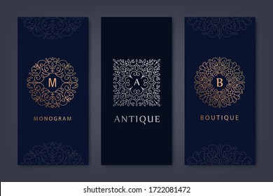 Conjunto vectorial de plantillas de diseño de logotipo, folletos, volantes, diseño de embalaje en un estilo lineal moderno con flores y hojas. Uso para productos de lujo, invitaciones a bodas, cosméticos orgánicos, empaque de vino