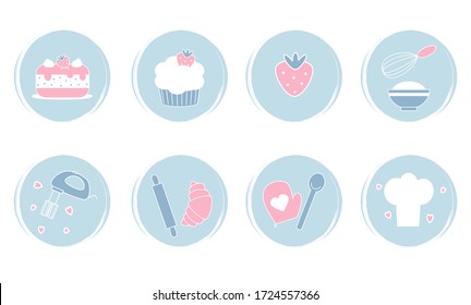 Vector set of logo design templates, icons and badges for social media instagram highlights with cute bakery kitchen elements