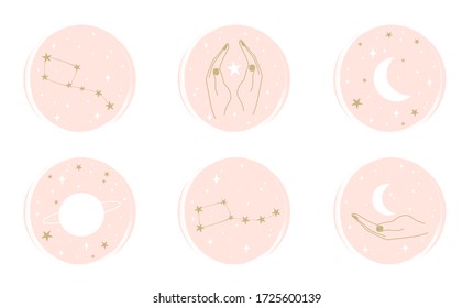 Vector set of logo design templates, icons and badges for social media instagram highlight with cute hands, moon, stars and constellation  elements