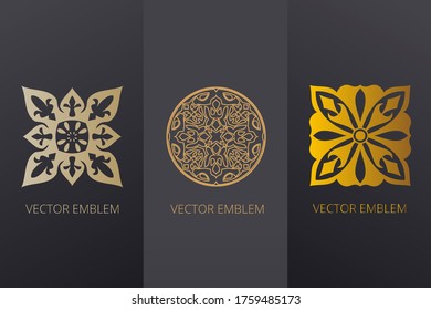 Vector set of logo design templates in trendy kazakh traditional style - signs made with golden foil on black background - luxury products, ornaments, emblems