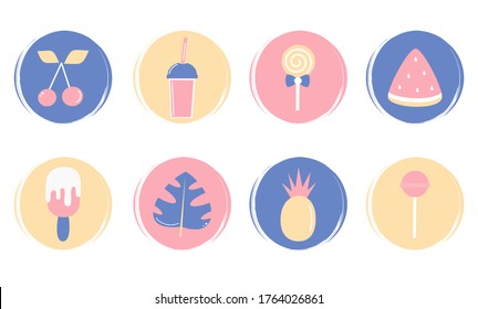 Vector set of logo design templates, icons and badges for social media instagram highlights with cute summer elements