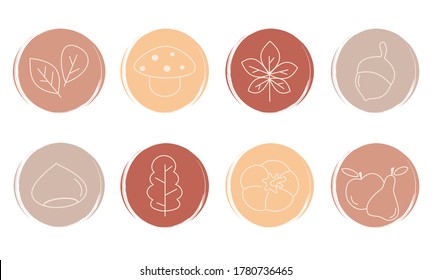 Vector set of logo design templates, icons and badges for social media instagram highlight with cute autumn fall symbols