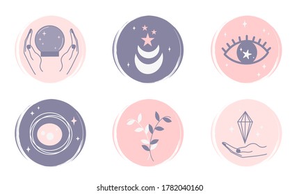 Vector set of logo design templates, icons and badges for social media instagram highlights covers with cute hands, moon, stars and esoteric elements