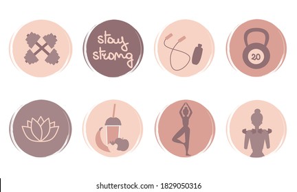 Vector set of logo design templates, icons and badges for social media highlights covers with cute fitness elements