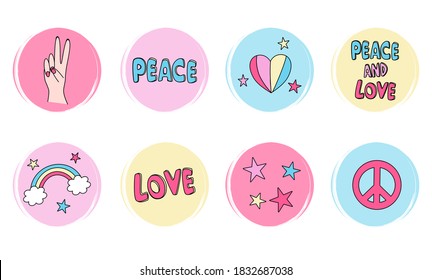 Vector set of logo design templates, icons and badges for social media highlights covers with cute peace and love doodle elements