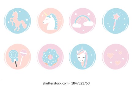 Vector set of logo design templates, icons and badges for social media highlight with cute unicorns, candies, rainbow, donut and other symbols