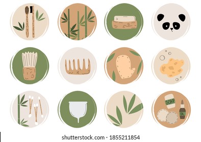 Vector set of logo design templates, icons and badges for social media highlights and covers with trendy cute zero waste ecological concept elements and symbols