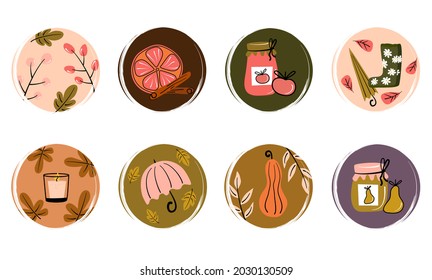 Vector set of logo design templates, icons and badges for social media highlights covers with cute hand drawn fall autumn elements