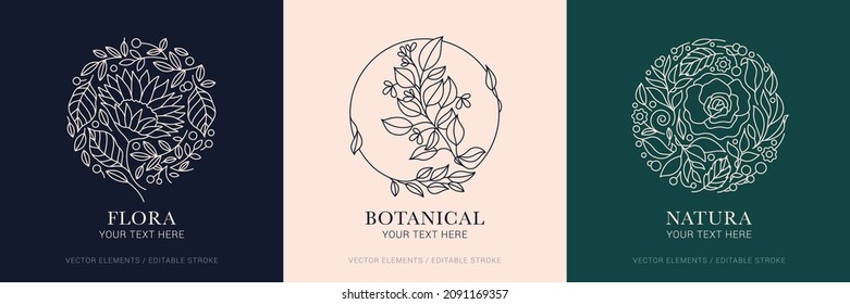 Vector set of logo design templates in trendy linear style with flowers and leaves, florist emblems, organic cosmetics packaging