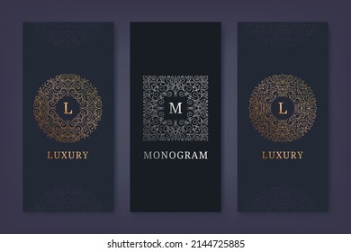 Conjunto vectorial de plantillas de diseño de logotipo, folletos, volantes, diseño de embalaje en un estilo lineal de moda con remolinos y hojas. Uso para productos de lujo, invitaciones a bodas, cosméticos orgánicos, empaque de vino