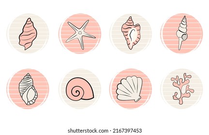 Vector set of logo design templates, icons and badges for social media highlights with cute seashells and coral elements