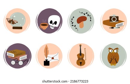 Vector set of logo design templates, icons and badges for social media highlight with cute dark academia collection elements