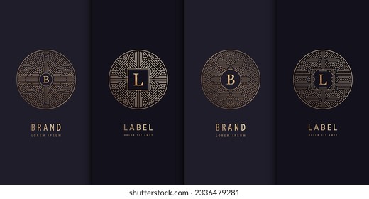 Conjunto de vectores de plantillas de diseño de logotipo, folletos, volantes, diseño de embalaje en diseño de arte lineal de moda, letras en círculos. Uso para productos de lujo, invitaciones a bodas, cosméticos orgánicos, empaque de vino