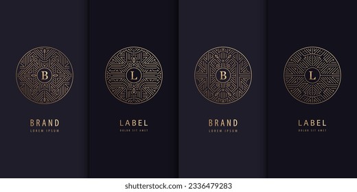Vector set of logo design templates, brochures, flyers, packaging design in trendy linear art deco, letters in circles. Use for luxury products, wedding invitations, organic cosmetics, wine packaging