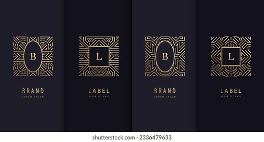 Vector set of logo design templates, brochures, flyers, packaging design in trendy linear art deco, letters in squares. Use for luxury products, wedding invitations, organic cosmetics, wine packaging