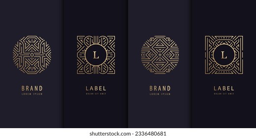 Vector set of logo design templates, brochures, flyers, packaging design in trendy linear art deco, letters in squares. Use for luxury products, wedding invitations, organic cosmetics, wine packaging