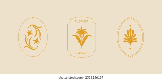 Vector set of logo design templates and graphic elements, organic cosmetic, floral illustration in simple linear hand drawn style, plants and flowers, natural products emblems, for hand crafted small 