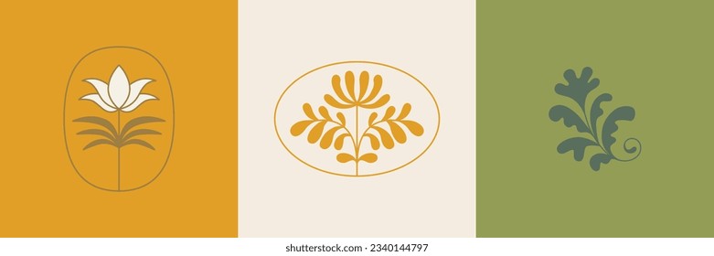 Vector set of logo design templates and graphic elements, organic cosmetic, floral illustration in simple linear hand drawn style, plants and flowers, natural products emblems, for hand crafted small 