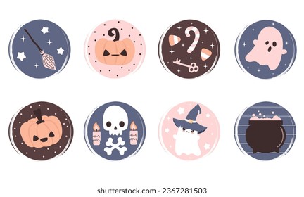 Vector set of logo design templates, icons and badges for social media highlights with cute hand drawn halloween season elements