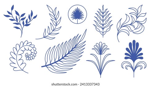 Vector set of logo design templates and graphic elements, organic cosmetic, floral illustration in simple linear hand drawn style, plants and flowers, natural products emblems