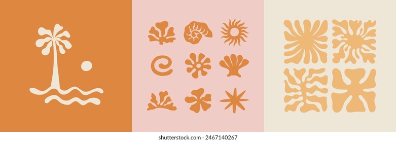 Conjunto de Vector de Plantillas de diseño de logotipo y Elementos gráficos, cosméticos orgánicos, ilustración floral en estilo lineal simple dibujado a mano, plantas y flores, emblema de productos naturales