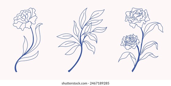 Vektorgrafik-Set von Logo-Design-Vorlagen und grafische Elemente, Bio-Kosmetik, florale Illustration in schlichtem linearen handgezeichneten Stil, Pflanzen und Blumen, Naturprodukte Embleme, für handgemachte klein 