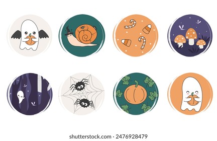 Vector set of logo design templates, icons and badges for social media highlights with cute hand drawn halloween season elements