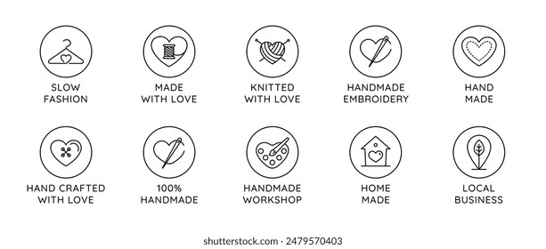 Vector set of logo design templates in simple linear style - handmade fashion and crafts badges - emblems handmade embroidery, made with love, handmade workshop