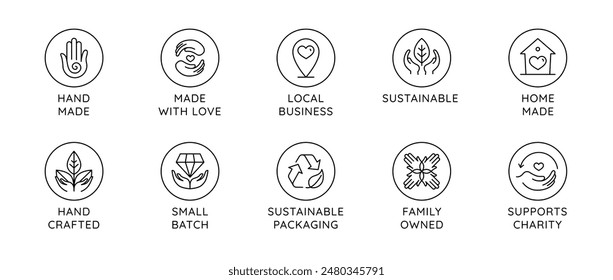 Vector set of logo design templates in simple linear style - handmade and local business, sustainable and environment friendly