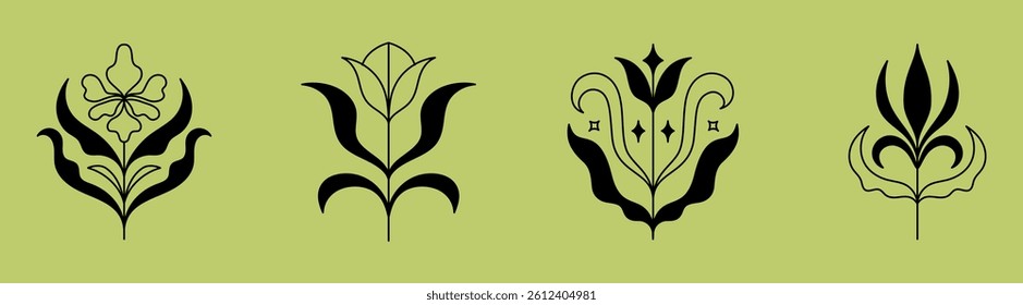 Vector set of logo design templates and graphic elements, organic cosmetics, floral illustration in simple linear hand drawn style, plants and flowers, natural products emblems

