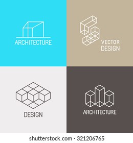 Vector set of logo design templates in simple trendy linear style for architecture studios, interior and environmental designers - mono line icons and signs