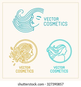 Vector set of logo design templates and abstract concepts - woman faces and portraits on circle badges in trendy linear style - beauty symbols for hair salon or organic cosmetics 