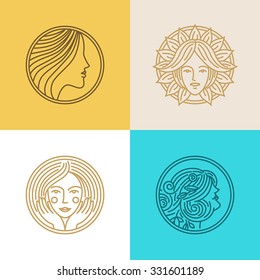 Vector set of logo design templates and abstract concepts - woman faces and portraits on circle badges in trendy linear style - beauty symbols for hair salon or organic cosmetics 