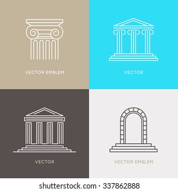 Vector set of logo design templates, emblems and icons in trendy linear style - architecture and law concepts and signs 