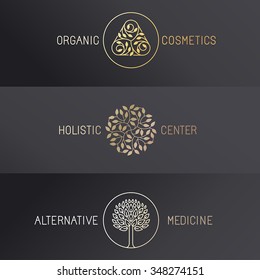 Vector set of logo design templates and emblems in trendy linear style - luxury badges in golden colors on black background - organic cosmetics, holistic center and alternative medicine