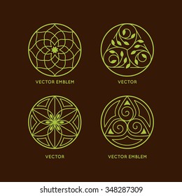 Vector set of logo design templates and symbols in trendy linear style - organic emblems, natural concepts and alternative medicine and holistic centers signs - round outline badges 