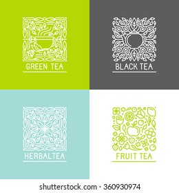 Vector set of logo design templates and badges in trendy linear style - black, green, herbal and fruit teas - packaging design templates 