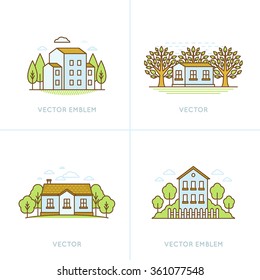 Vector set of logo design templates and emblems in trendy linear style - cottage houses and residential structures - natural landscapes with trees and clouds