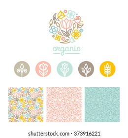 Vector set of logo design templates, seamless patterns and signs for identity, business cards and packaging - floral shops, beauty and spa studios