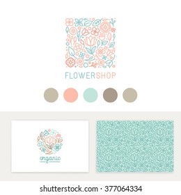 Vector set of logo design templates, seamless patterns and signs for identity, business cards and packaging - floral shops, beauty and spa studios