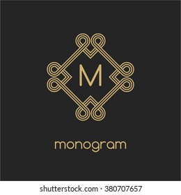 Vector set of logo design templates and emblems in trendy linear style. The letter M. Linear Gold emblem on a black background. Logo template for Cafe, Hotel, Heraldic, Restaurant, Boutique