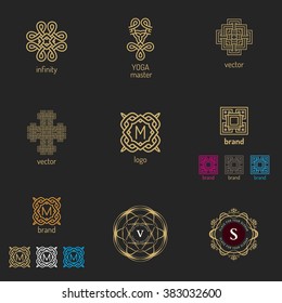 Vector set of logo design templates and emblems in trendy linear style in golden colors on black background.  Logo template for  Hotel,  Boutique, Medicine, Spa, Yoga center.