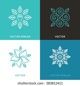 Vector set of logo design templates in trendy linear style - flowers and leaves - beauty and fashion concepts and emblems