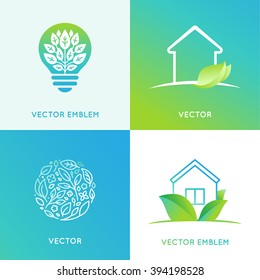 Vector set of logo design templates and emblems in bright green gradient colors - eco friendly home concepts - house icons with leaves 