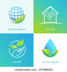 Vector set of logo design templates in bright gradient colors - save the planet concepts - eco energy icons and badges